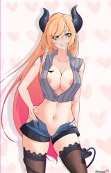 Rule 34 | 1girl, absurdres, aqua eyes, artist name, black thighhighs, blonde hair, breast tattoo, breasts, cleavage, clothing aside, collarbone, demon girl, demon tail, dot nose, fingernails, frilled thighhighs, frills, grin, hair ornament, hand on own hip, highres, hololive, horns, large breasts, long fingernails, long hair, looking at viewer, nail polish, navel, open clothes, open shorts, shorts, shorts aside, smile, solo, standing, tail, tattoo, thighhighs, upper body, very long hair, virtual youtuber, yuzuki choco