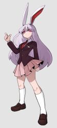 Rule 34 | 1girl, animal ears, asutoro (s--t), brown jacket, crescent, crescent pin, finger gun, highres, jacket, long hair, looking at viewer, necktie, pink hair, pink skirt, rabbit ears, red eyes, red necktie, reisen udongein inaba, shirt, skirt, solo, touhou, white background, white shirt