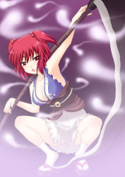 Rule 34 | 1girl, armpits, breasts, cleavage, female focus, full body, gradient background, hair bobbles, hair ornament, large breasts, onozuka komachi, red eyes, red hair, saki chisuzu, scythe, short hair, sleeveless, solo, squatting, touhou, twintails, two side up