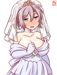 Rule 34 | 1girl, alternate costume, aoba (kancolle), artist logo, blue eyes, blush, breasts, bridal veil, choker, cleavage, collarbone, commentary request, cowboy shot, dated, dress, elbow gloves, embarrassed, flower, gloves, hair between eyes, kanon (kurogane knights), kantai collection, large breasts, messy hair, nose blush, off-shoulder dress, off shoulder, one-hour drawing challenge, open mouth, pink hair, ponytail, purple hair, rose, scrunchie, simple background, solo, sweatdrop, tiara, veil, wedding dress, white background, white choker, white dress, white flower, white gloves, white rose