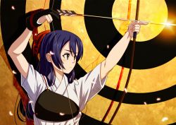 Rule 34 | 10s, 1girl, archery, arrow (projectile), blue hair, bow (weapon), commentary request, drawing bow, gloves, highres, holding, holding bow (weapon), holding weapon, kyuudou, long hair, love live!, love live! school idol festival, love live! school idol project, muneate, partially fingerless gloves, partly fingerless gloves, petals, reflection, shiro manjuu (shiroxie), short sleeves, single glove, solo, sonoda umi, target, upper body, weapon, yellow eyes, yugake