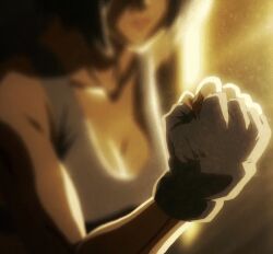 1girl animated animated_gif anime_screenshot bare_shoulders black_hair blurry blurry_background breasts collarbone female_focus fingerless_gloves gloves lips medium_breasts mikasa_ackerman shingeki_no_kyojin short_hair solo sports_bra white_sports_bra