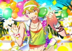 Rule 34 | 1boy, balloon, blonde hair, bracelet, brown eyes, fingernails, floral print, flower, headset, highres, idolmaster, idolmaster side-m, idolmaster side-m live on stage!, jewelry, looking at viewer, maita rui, male focus, midriff, navel, necklace, plus q, sleeveless, smile, solo, teeth, upper teeth only, world tre@sure (idolmaster)