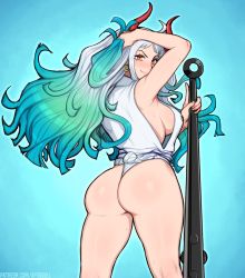 Rule 34 | 1girl, afrobull, aqua hair, arm up, armpits, artist name, ass, bare arms, bare shoulders, breasts, closed mouth, club (weapon), curled horns, earrings, fingernails, from behind, fundoshi, green hair, highres, holding, holding weapon, hoop earrings, horns, index finger raised, japanese clothes, jewelry, kanabou, kneepits, lips, long hair, looking at viewer, looking back, medium breasts, multicolored hair, no bra, no pants, one piece, oni, orange eyes, patreon username, planted, red horns, sideboob, sidelocks, smile, solo, standing, sweat, thong, watermark, weapon, web address, white hair, yamato (one piece)