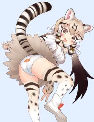 Rule 34 | bow tie, elbow gloves, fingerless gloves, geoffroy&#039;s cat (kemono friends), gloves, highres, kemono friends, long hair, looking at viewer, open mouth, ribbon, siblings, simple background, smile, solo, twins, upskirt
