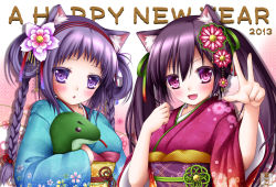 Rule 34 | 2girls, :d, animal ears, black hair, braid, cat ears, hair ornament, happy new year, japanese clothes, kimono, long hair, looking at viewer, multiple girls, new year, open mouth, original, purple eyes, purple hair, shitou, smile, twin braids, twintails, v