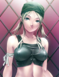 Rule 34 | 1girl, bandana, black eyes, blonde hair, breasts, collarbone, looking at viewer, midriff, original, rezi, shiny clothes, solo, twintails, upper body, zipper