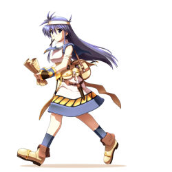 Rule 34 | 1girl, ankle boots, armband, armor, backpack, bag, blue dress, blue eyes, blue gloves, blue hair, blue socks, boots, breastplate, breasts, brown footwear, brown gloves, dagger, dress, from side, full body, gloves, gold trim, hair between eyes, half gloves, headband, holding, holding map, knife, long hair, map, medium breasts, mouth hold, multicolored clothes, multicolored dress, multicolored footwear, pencil, pouch, ragnarok online, sash, shadow, sheath, shinjou satomi, sidelocks, simple background, sleeveless, sleeveless dress, socks, solo, super novice (ragnarok online), turtleneck, turtleneck dress, two-tone footwear, two-tone gloves, walking, weapon, white armband, white armor, white background, white dress, white headband, yellow bag, yellow dress, yellow footwear, yellow sash