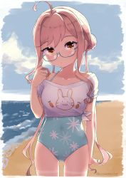 Rule 34 | 1girl, ahoge, aqua one-piece swimsuit, beach, blue-framed eyewear, closed mouth, collarbone, cowboy shot, day, double bun, glasses, hair bun, kantai collection, long hair, looking at viewer, makigumo (kancolle), no pants, ocean, official alternate costume, one-piece swimsuit, pink hair, semi-rimless eyewear, shirt, solo, someno haru, swimsuit, swimsuit under clothes, t-shirt, tied shirt, twitter username, yellow eyes