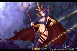 Rule 34 | 1girl, arm strap, asymmetrical clothes, belt, belt skirt, bracer, breasts, cape, chain, cheng, cleavage, leblanc (league of legends), facial mark, flower, hair ornament, highres, jewelry, league of legends, midriff, multiple belts, navel, purple eyes, purple hair, purple rose, ring, rose, short hair, smile, solo, thighhighs