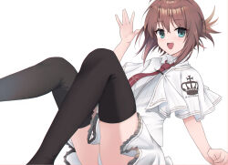 1girl :d \||/ aqua_eyes black_thighhighs blush brown_hair capelet collared_shirt commentary cross cross_print crown_print feet_out_of_frame folded_ponytail frilled_skirt frills glazearty hair_between_eyes hand_up happy highres knees_up legs looking_at_viewer medium_hair miniskirt necktie open_mouth panties red_necktie school_uniform shirt sidelocks simple_background sitting skirt smile solo subarashiki_hibi tachibana_kimika thighhighs thighs underwear waving white_background white_capelet white_panties white_shirt white_skirt