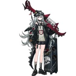 Rule 34 | 1girl, amplifier, baggy clothes, belt, black footwear, black jacket, black shorts, blush, blush stickers, braid, brown eyes, buckle, clothes writing, dinosaur, dinosaur tail, fake tail, fake wings, full body, g11 (dragon jr.) (girls&#039; frontline), g11 (girls&#039; frontline), girls&#039; frontline, grey shirt, hair between eyes, hair over shoulder, half-closed eyes, hat, holding, holding instrument, infukun, instrument, jacket, jurassic park, charm (object), keytar, leather choker, long hair, looking at viewer, messy hair, multiple belts, nail polish, off shoulder, official alternate costume, official art, open clothes, open mouth, parody, red nails, rocker-chic, shirt, shoes, short shorts, shorts, side braid, sidelocks, silver hair, sleeveless, sleeveless shirt, sneakers, socks, solo, tail, torn clothes, torn shirt, transparent background, very long hair, weapon, weapon case, wings