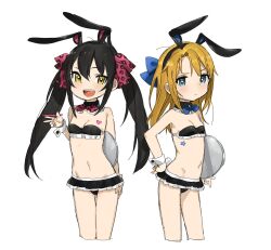 Rule 34 | 2girls, animal ears, bikini, detached collar, fake animal ears, frilled bikini, frills, hand on own hip, highres, holding, holding tray, idolmaster, multiple girls, open mouth, rabbit ears, spawnfoxy, swimsuit, tray, twintails, white background