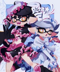 Rule 34 | + +, 2girls, arm warmers, belt, bike shorts, black arm warmers, black hair, black leg warmers, blue trim, bow, bow-shaped hair, bowtie, callie (splatoon), clenched hands, collarbone, cosplay, cousins, cure black, cure black (cosplay), cure black pose, cure white, cure white (cosplay), cure white pose, detached sleeves, dress, earrings, fangs, fingerless gloves, food, food on head, frills, futari wa precure, gloves, grey hair, hair bow, heart belt, highres, inkling, jewelry, ka1 (k4k37), leg warmers, long hair, looking at viewer, marie (splatoon), midriff, mole, mole under eye, multiple girls, nintendo, object on head, open mouth, orange eyes, parted lips, pink belt, pink bow, pink trim, pointy ears, pose imitation, precure, short hair, smile, sparkle, splatoon (series), sushi, tentacle hair, thick eyebrows, white bow, white dress