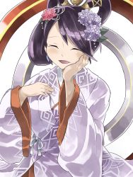 Rule 34 | 1girl, ^ ^, alternate hairstyle, beads, closed eyes, commentary request, closed eyes, facing viewer, hair ornament, hair rings, hair tubes, hair up, hand on own cheek, hand on own chest, hand on own face, hands up, highres, izanami (p&amp;d), japanese clothes, kanzashi, kimono, long hair, long sleeves, mosamune, open mouth, purple hair, puzzle &amp; dragons, solo, wide sleeves