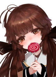 Rule 34 | 1girl, absurdres, black shirt, blush, brown eyes, brown hair, candy, character request, closed mouth, dokomon, food, girls&#039; frontline, hands up, head tilt, highres, holding, holding candy, holding food, holding lollipop, lollipop, long hair, long sleeves, looking at viewer, low twintails, m14 (girls&#039; frontline), sailor collar, shirt, simple background, sleeves past wrists, solo, swirl lollipop, twintails, upper body, white background, white sailor collar