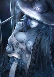 Rule 34 | 1girl, absurdres, alternate breast size, blue eyes, blue hair, blue skin, breasts, cape, cleavage, collarbone, colored skin, cracked skin, elden ring, extra arms, fur cape, hat, hat ornament, highres, huge breasts, large hat, looking at viewer, miniature ranni, one eye closed, ranni the witch, witch hat, yujieai