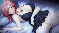 Rule 34 | 1girl, arima shiori, bare shoulders, bed, black dress, blush, breasts, breasts apart, cleavage, dress, closed eyes, from above, game cg, garter belt, garter straps, gloves, gluteal fold, groin, hair up, heartful maman, indoors, jewelry, large breasts, legs, lips, lipstick, long hair, lying, makeup, mature female, necklace, night, on bed, onigirikun, panties, parted lips, pillow, red hair, red lips, sleeping, solo, spread legs, sweat, thighhighs, thighs, underwear, white panties, white thighhighs