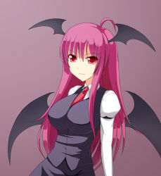 Rule 34 | 1girl, ahoge, arm garter, ash (pixiv53802), bad id, bad pixiv id, bat wings, breasts, demon girl, embodiment of scarlet devil, female focus, head wings, impossible clothes, impossible shirt, koakuma, large breasts, necktie, red eyes, red hair, red necktie, shirt, simple background, slit pupils, smile, solo, touhou, wings
