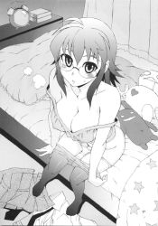 Rule 34 | bed, blush, breasts, camisole, cleavage, clothes pull, covered erect nipples, greyscale, highres, kusanagi tonbo, large breasts, legs, monochrome, original, panties, panty pull, pantyhose, pantyhose pull, short hair, sitting, solo, underwear, undressing