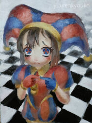 Rule 34 | artist name, asymmetrical gloves, blue gloves, blush, breasts, brown hair, checkered floor, closed mouth, commentary, english commentary, frown, gloves, hat, highres, jester, jester cap, looking at viewer, medium hair, multicolored eyes, oil painting (medium), own hands together, painting (medium), pomni (the amazing digital circus), puffy short sleeves, puffy sleeves, red gloves, short sleeves, small breasts, the amazing digital circus, traditional media, upper body, yuuren kyouko
