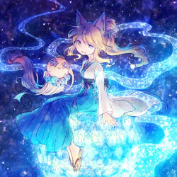 Rule 34 | 1girl, animal ears, arms at sides, black sash, blonde hair, blue background, blue eyes, blue skirt, braid, breasts, commentary request, creature, dated commentary, floating hair, flower, fox ears, french braid, full body, glowing clothes, hagoromo, hair bun, hair flower, hair ornament, half updo, japanese clothes, long skirt, long sleeves, looking at viewer, making-of available, obi, orb, original, painttool sai (medium), parted lips, plantar flexion, ponytail, purple flower, rakuni, sandals, sash, shawl, sidelocks, single hair bun, sitting, skirt, small breasts, smile, solo, tanabata, wide sleeves, wind, zouri