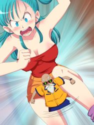 Rule 34 | &gt;:0, 1boy, 1girl, :o, age difference, angry, aqua hair, arm up, armpits, bald, bare arms, bare legs, bare shoulders, beard, blue eyes, blush, body blush, breasts, bulma, chasing, cleavage, clenched hand, clenched hands, closed mouth, collarbone, covered erect nipples, dragon ball, dragon ball (classic), dutch angle, engawa suguru, facial hair, highres, large breasts, legs, long hair, looking at another, looking at viewer, medium breasts, mini person, miniboy, motion lines, muten roushi, old, old man, open mouth, orange shorts, red tube top, round teeth, running, screaming, shirt, short sleeves, shorts, shouting, side ponytail, sidelocks, standing, strapless, sunglasses, teeth, thighs, tube top, v-shaped eyebrows, watch, wristwatch, yellow shirt