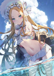 Rule 34 | 1girl, :o, abigail williams (fate), abigail williams (swimsuit foreigner) (fate), abigail williams (swimsuit foreigner) (third ascension) (fate), arms behind back, bare shoulders, bikini, black jacket, blonde hair, blue eyes, blue sky, blush, bonnet, bow, braid, braided hair rings, breasts, commentary request, day, fate/grand order, fate (series), forehead, hair bow, hair rings, jacket, leaning forward, long hair, looking at viewer, miniskirt, navel, ocean, off shoulder, open clothes, open jacket, open mouth, outdoors, parted bangs, parted lips, partially submerged, partially underwater shot, sidelocks, skirt, sky, small breasts, solo, standing, strapless, strapless bikini, striped, striped bow, swimsuit, thighs, twin braids, twintails, underwater, very long hair, wading, water, white bikini, white bow, white headwear, yoshimoto (dear life)