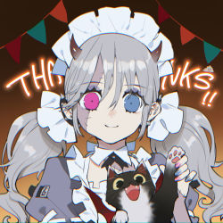 Rule 34 | 1girl, absurdres, animal, blue eyes, cat, closed mouth, copyright request, earrings, grey hair, heterochromia, highres, holding, holding animal, holding cat, horns, jewelry, looking at viewer, maid headdress, patchwork skin, pink eyes, puffy short sleeves, puffy sleeves, ryota-h, short sleeves, smile, solo, stitched face, stitches, thank you, twintails, upper body