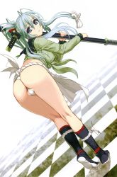 Rule 34 | 1girl, absurdres, aqua hair, ass, bent over, female focus, from behind, gotou matabei, highres, hyakka ryouran samurai girls, legs, long hair, looking back, nishii (damnedrive), ponytail, solo, standing, sword, thighs, weapon, white background