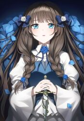 Rule 34 | 1girl, absurdres, aqua eyes, blue bow, blue flower, blue petals, blue ribbon, blue rose, bodice, bow, braid, brooch, brown hair, collared shirt, dagger, dot nose, flower, frilled shirt, frills, from above, gold trim, hair bow, hair flower, hair ornament, hair ribbon, hara (xper8243), highres, holding, holding dagger, holding knife, holding weapon, interlocked fingers, jewelry, juliet sleeves, knife, long hair, long sleeves, looking at viewer, low twin braids, lying, neck ribbon, on back, original, parted lips, petals, puffy sleeves, ribbon, rose, rose petals, shirt, sidelocks, tearing up, tears, twin braids, upper body, very long hair, weapon, white shirt