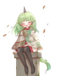 Rule 34 | 1girl, ^ ^, aqua hair, arinu, autumn leaves, blush, capelet, character print, closed eyes, collared shirt, commentary request, curly hair, earrings, green tail, happy, horns, jewelry, komainu, komainu ears, komainu tail, komano aunn, long hair, long sleeves, no shoes, open mouth, pantyhose, red shirt, self character print, shirt, shorts, simple background, single earring, single horn, sitting, touhou, white background, white shorts