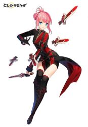 Rule 34 | 1girl, belt, belt buckle, black footwear, black gloves, black shorts, blue eyes, boots, breasts, buckle, closers, coat, coattails, dagger, full body, gloves, highres, holding, holding dagger, holding knife, holding weapon, knife, multicolored coat, official art, pink hair, seulbi lee, shorts, sidelocks, simple background, small breasts, solo, two-tone coat, weapon, white background