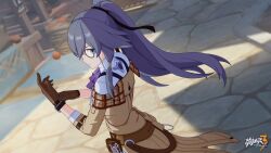 Rule 34 | 1girl, ascot, black hairband, blue eyes, brown gloves, brown sleeves, chinese commentary, closed mouth, day, fu hua, fu hua (hawk of the fog), fu hua (valkyrie accipiter), gloves, grey hair, hairband, high ponytail, highres, honkai (series), honkai impact 3rd, logo, mat, monocle, official alternate costume, official art, official wallpaper, outdoors, ponytail, purple ascot, shirt, solo, standing, upper body, white shirt