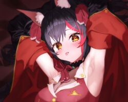 Rule 34 | 1girl, absurdres, animal ear fluff, animal ears, arm up, armpits, ascot, black coat, black hair, blush, breasts, choker, cleavage, coat, commission, cosplay, cropped jacket, frilled choker, frills, hair ornament, hair ribbon, hairpin, heart, heart-shaped pupils, highres, hololive, houshou marine, houshou marine (1st costume), houshou marine (cosplay), jacket, large breasts, leotard under leotard, long hair, looking at viewer, multicolored hair, one o clcok, ookami mio, pixiv commission, red ascot, red coat, red hair, red jacket, red ribbon, ribbon, sleeveless, sleeveless jacket, streaked hair, symbol-shaped pupils, tongue, tongue out, two-sided coat, two-sided fabric, virtual youtuber, wolf ears, wolf girl, yellow eyes