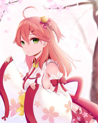 Rule 34 | 1girl, absurdres, ahoge, armpits, bad id, bad pixiv id, bell, breasts, cherry blossom print, cherry blossoms, closed mouth, detached sleeves, floral print, frills, green eyes, hair bell, hair between eyes, hair ornament, hairclip, highres, hololive, kakokyuu hiffuu, looking at viewer, one side up, petals, pink hair, sakura miko, sakura miko (1st costume), sideboob, smile, solo, tree, virtual youtuber, wide sleeves
