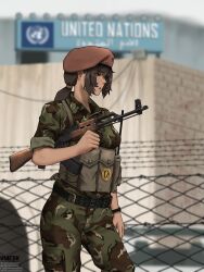 1girl absurdres akm ammunition_pouch artist_name assault_rifle barbed_wire belt beret black_belt blurry blurry_background breasts brown_hair camouflage camouflage_jacket commentary commission english_commentary fence green_eyes gun hat highres holding holding_gun holding_weapon jacket kalashnikov_rifle load_bearing_vest long_hair military_combat_uniform military_fatigues military_uniform open_mouth original pants ponytail pouch radio rifle solo united_nations vm_flashback watch weapon wristwatch