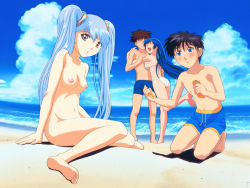 Rule 34 | 2boys, 2girls, :d, :o, ^ ^, age difference, arm support, armpits, ass, back, bare shoulders, barefoot, beach, bikini, black hair, blue eyes, blue hair, blue jammers, blue male swimwear, blue swim trunks, blush, bottle, breast press, breasts, brown eyes, brown hair, closed eyes, clothed female nude female, clothed male nude female, cloud, couple, covered erect nipples, day, drawstring, feet, from side, full body, grin, groin, hair between eyes, hair ornament, hand on another&#039;s back, hand on another&#039;s hip, hand on another&#039;s shoulder, happy, hetero, holding, hoshino ruri, hug, jammers, kidou senkan nadesico, kneeling, laughing, leg lift, leg up, light smile, long hair, looking at viewer, lotion, makibi hari, male swimwear, medium breasts, misumaru yurika, multiple boys, multiple girls, navel, nipples, nude, nude filter, ocean, on ground, open mouth, outdoors, outstretched arm, public indecency, scan, shadow, short hair, sitting, sky, smile, soles, spiked hair, standing, standing on one leg, striped, sunscreen, surprised, swim briefs, swim trunks, swimsuit, tenkawa akito, third-party edit, tiptoes, toes, topless male, twintails, very long hair, wariza, white bikini, yellow eyes, zenra