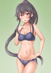 Rule 34 | 1girl, anti (untea9), bare arms, bare legs, bare shoulders, bikini, black bikini, black hair, blush, breasts, cleavage, collarbone, cowboy shot, green background, groin, hair between eyes, highres, kantai collection, long hair, navel, open mouth, ponytail, red eyes, solo, swimsuit, yahagi (kancolle)