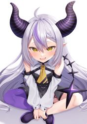 Rule 34 | 1girl, ahoge, ascot, black choker, black dress, blush, boots, braid, choker, demon girl, demon horns, detached sleeves, dress, fang, from above, full body, grey hair, high heel boots, high heels, highres, hololive, horns, indian style, la+ darknesss, long hair, long sleeves, looking at viewer, looking up, multicolored hair, nagura shiro, o-ring, open mouth, pantyhose, pointy ears, purple footwear, purple hair, purple pantyhose, single leg pantyhose, sitting, skin fang, solo, streaked hair, striped horns, very long hair, virtual youtuber, white background, yellow ascot, yellow eyes