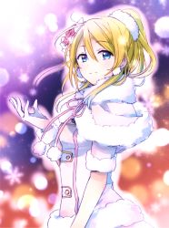 Rule 34 | 10s, 1girl, ayase eli, blonde hair, blue eyes, gloves, gradient background, light smile, looking at viewer, love live!, love live! school idol project, ponytail, snow halation, snowflakes, solo, white gloves, yuzucky