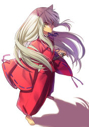 Rule 34 | 1boy, animal ears, barefoot, closed mouth, dog ears, floating hair, fox ears, from above, full body, hair between eyes, hand on hilt, inuyasha, inuyasha (character), japanese clothes, jewelry, kimono, long hair, long sleeves, magatama, male focus, motobi (mtb umk), necklace, pants, purple ribbon, red kimono, red pants, ribbon, ribbon-trimmed sleeves, ribbon trim, sheath, sheathed, silver hair, simple background, slit pupils, solo, standing, sword, very long hair, weapon, white background, yellow eyes