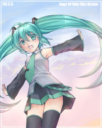 Rule 34 | 1girl, :d, ahoge, aqua eyes, aqua hair, bad id, bad pixiv id, detached sleeves, female focus, hatsune miku, long hair, mitsu masaya, necktie, open mouth, outdoors, outstretched arms, skirt, sky, smile, solo, spread arms, thighhighs, twintails, very long hair, vocaloid