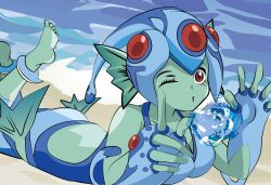 Rule 34 | 1girl, absurdres, blue one-piece swimsuit, digimon, digimon (creature), fins, frog girl, helmet, highres, looking at viewer, lying, monster girl, on stomach, one-piece swimsuit, one eye closed, ranamon, smile, swimsuit, wink