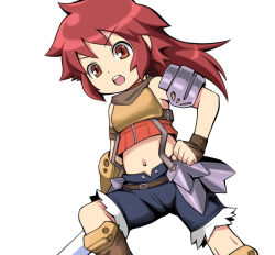 Rule 34 | 1girl, :o, armband, armor, atlus, bare shoulders, belt, cameltoe, crop top, denim, denim shorts, e10, etrian odyssey, fingerless gloves, flat chest, gloves, hand on own hip, kneehighs, long hair, looking at viewer, midriff, navel, open fly, open mouth, orange eyes, red eyes, red hair, scarf, shorts, simple background, socks, solo, spread legs, strap, sword, swordsman (sekaiju), torn clothes, turtleneck, unzipped, weapon, zipper