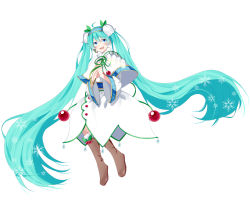 Rule 34 | 1girl, ahoge, aqua hair, boots, bubble skirt, capelet, cherry, flower, food, fruit, full body, fur-trimmed boots, fur trim, hair flower, hair ornament, hairband, hatsune miku, headset, highres, holding, holding flower, lily of the valley, long hair, looking to the side, mizuamemochimochi, open mouth, skirt, smile, snowbell (flower), snowflake print, solo, twintails, very long hair, vocaloid, white background, white capelet, white skirt, wide sleeves, yuki miku, yuki miku (2015)