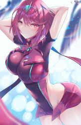 Rule 34 | 1girl, breasts, chest jewel, earrings, gem, headpiece, inoue takuya (tactactak), jewelry, large breasts, pyra (xenoblade), red eyes, red hair, red shorts, short hair, short shorts, shorts, solo, swept bangs, thighhighs, tiara, xenoblade chronicles (series), xenoblade chronicles 2