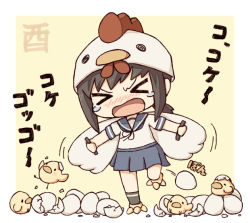 Rule 34 | &gt; &lt;, 10s, 1girl, animal, animal costume, bird, black hair, blush, chibi, chick, chicken, chicken costume, chinese zodiac, commentary request, egg laying, eggshell, closed eyes, fubuki (kancolle), kantai collection, kata meguma, leg up, open mouth, outstretched arms, rooster, school uniform, serafuku, tears, translation request, year of the rooster