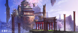 Rule 34 | 1girl, architecture, black hair, cherry blossoms, day, east asian architecture, floating island, full body, outdoors, pixiv fantasia, pixiv fantasia t, scenery, solo, standing, swd3e2, torii, tree