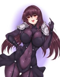 Rule 34 | 1girl, armor, blush, bodysuit, breasts, covered navel, fate/grand order, fate (series), highres, large breasts, long hair, looking at viewer, open mouth, pauldrons, purple bodysuit, purple hair, red eyes, ryou (619-619), scathach (fate), shoulder armor, smile, solo